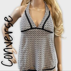 CONVERSE graphic black & white halter tankini top